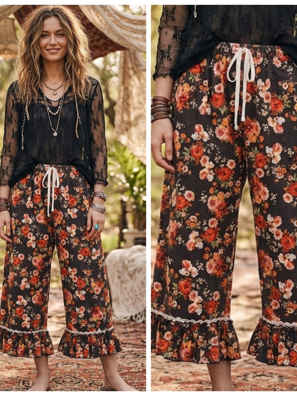 Women's Floral Drawstring Ruffle Hem Pants - Black with Orange Floral